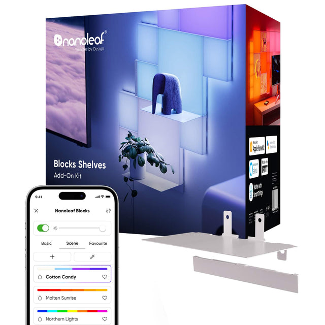 nanoleaf Smarter by Design 9:41 x Blocks Shelves Add-On Kit atl Nanoleaf Blocks 69 me eith Aperirelt) i te d 286 FT Kotvt a Souring H Basic Scene Favourite + Cotton Candy Molten Sunrise Northern Lights