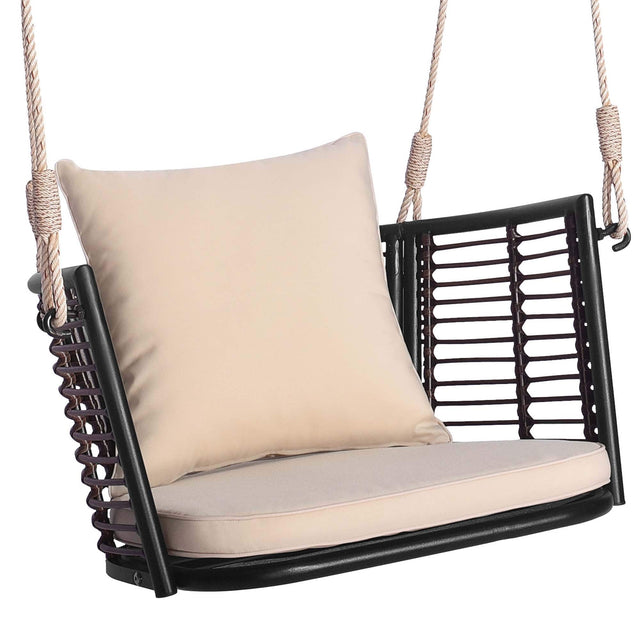 Front. Costway - Costway Patio Hanging Rattan Basket Chair Swing Hammock Chair with Seat Cushion - Mix Brown,Beige.
