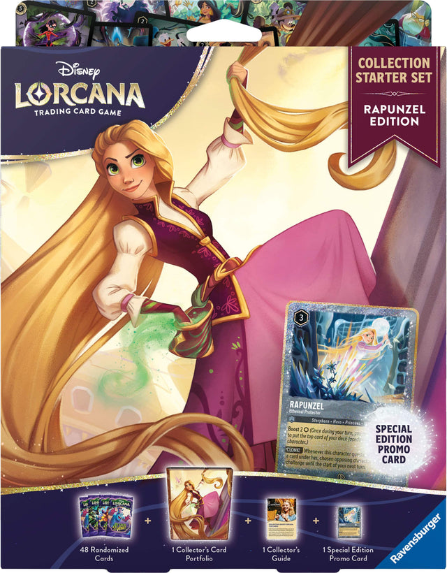 Disney LORCANA TRADING CARD GAME  
COLLECTION STARTER SET RAPUNZEL EDITION  

2020 LORCANA STRE 48 Randomized Cards  
+ 1 Collector's Card Portfolio  
+ RAPUNZEL Ethereal Protector Storyborn Hero Princess  
Boost 2 (Once during your turn, you may put the top card of your deck face down as a character.)  
CLONIC Whenever this character quests, chosen opposing character challenge until the start of your next turn.  
+ 1 Collector's Guide  
+ 1 Special Edition Promo Card  

Ravensburger