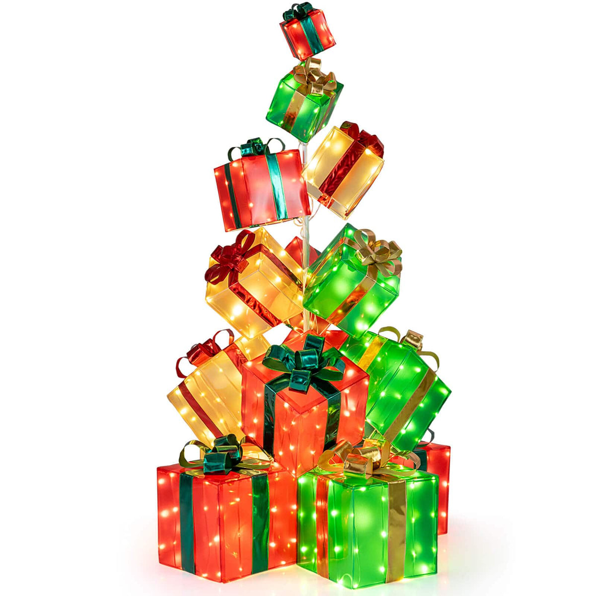 Costway - 5.6 FT Pre-Lit Gift Box Tower with Bowknot & 483 LED Light Bulbs, Ground Stakes - Multicolor