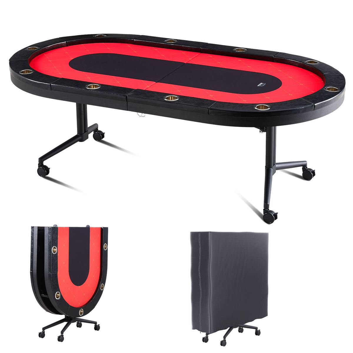 VEVOR - 10 Player Foldable Poker Table, Blackjack Texas Holdem Poker Table with Padded Rails and Cup Holders,90" Oval Table - Red