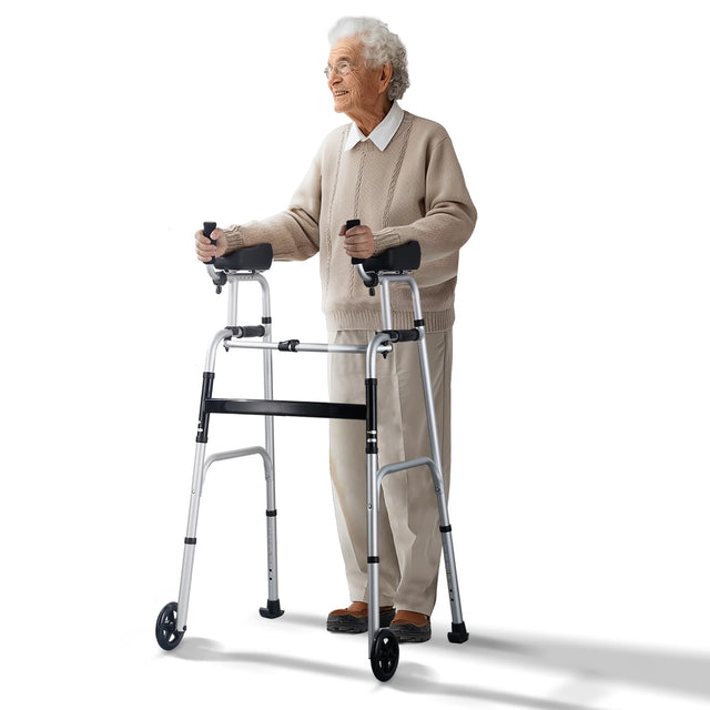 Front. VEVOR - 2 in 1 Folding Walker & Removable Armrests, Height Adjustable Foldable Walker with 5" Solid Wheels, Lightweight Aluminum - Silver.