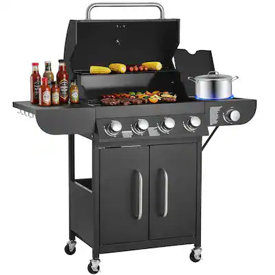 VEVOR - Gas Grill, 4 Burner Propane Gas Grill with Side Burner, 425 SQ.In Grilling Area, Carbon Steel Enamel Grates