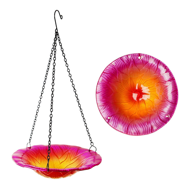 Front. G128 - Hanging Glass Bird Bath 8-inch for Garden Decoration - Pink Flower Design.