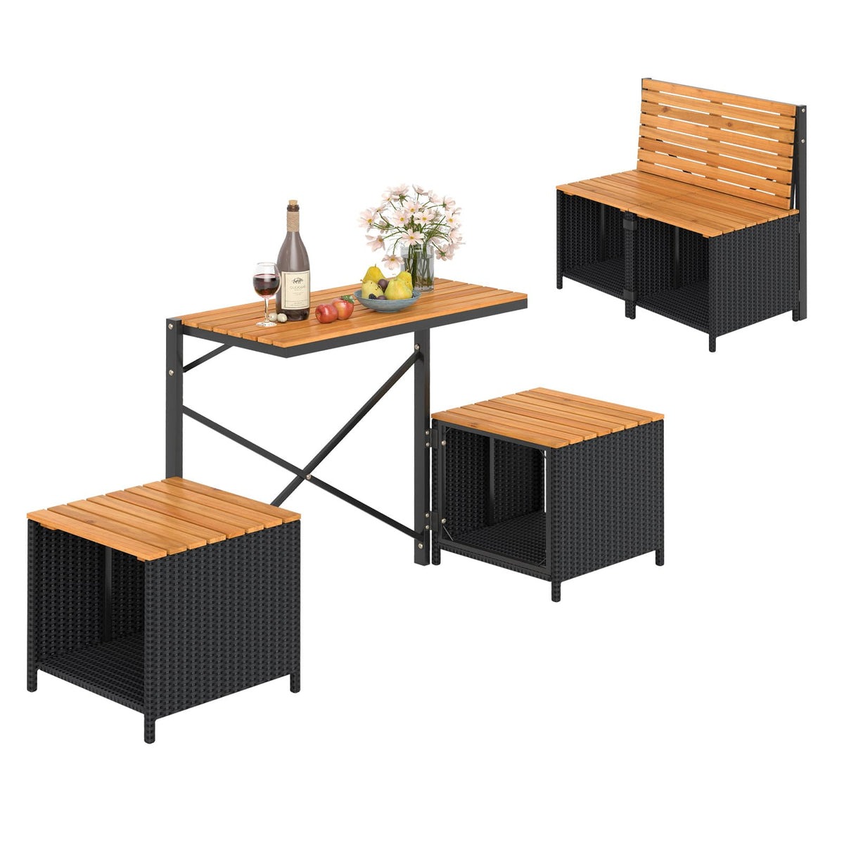 Gymax - Outdoor Convertible Bench 2-in-1 Transforming Picnic Table & Chairs Set w/ Storage - Black, Natural