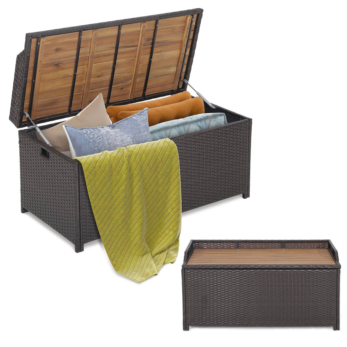 Gymax - Patio Wicker Bench Deck Box w/ Acacia Wooden Seat Storage Bench Poolside Garden - Mix Brown
