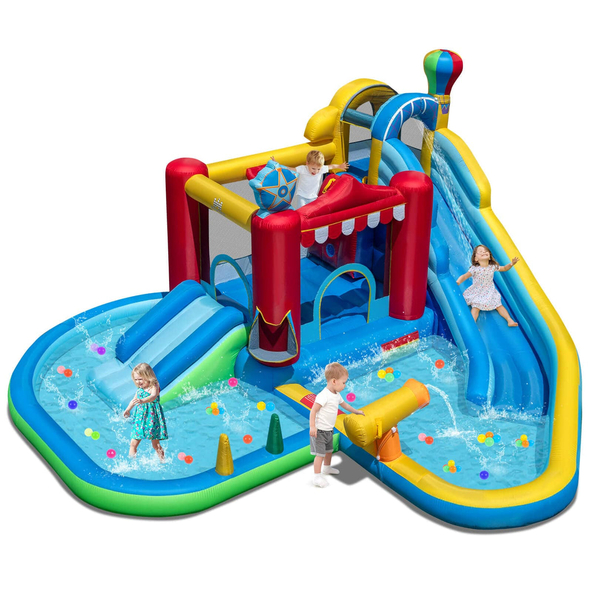 Costway - Inflatable Water Park with Splash Pool, Water Cannon, Basketball Rim, Climbing Wall - Multi-Color