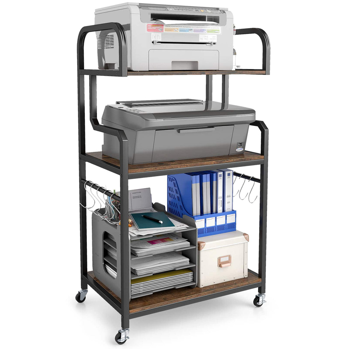 Gymax - 3-Tier Rolling Printer Stand Home Office Large Printer Cart w/ Storage Shelves Rustic Black - Brown