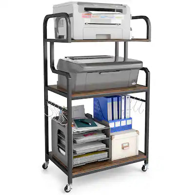 Gymax - 3-Tier Rolling Printer Stand Home Office Large Printer Cart w/ Storage Shelves Rustic Black