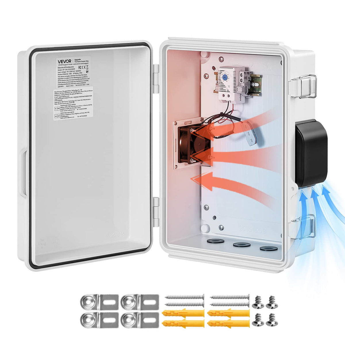 VEVOR - Outdoor Electrical Box, ABS, Waterproof Electrical Junction Box with Thermostat and Fan, Mounting Plate, Cable Grommets - White;Black