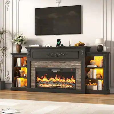 Espafurni - 85" Electric Fireplace TV Stand, Farmhouse Style w/ Charging Station & LED