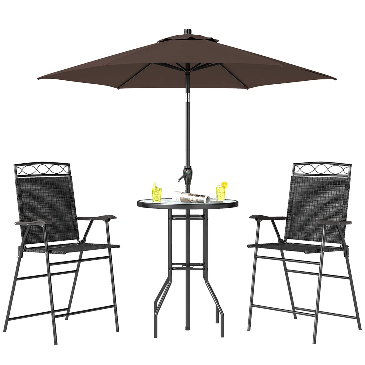 Outsunny - Piece Outdoor Bar Set with Umbrella, Patio Dining Set with 2 Folding Chairs - Black