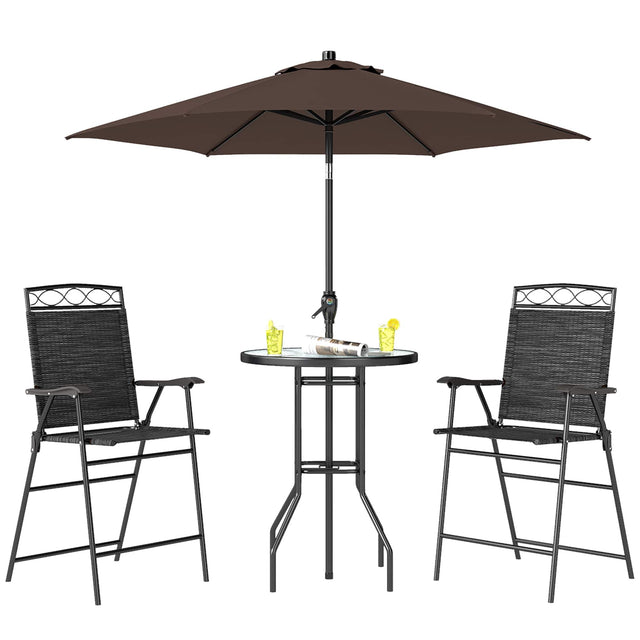 Front. Outsunny - Piece Outdoor Bar Set with Umbrella, Patio Dining Set with 2 Folding Chairs - Black.