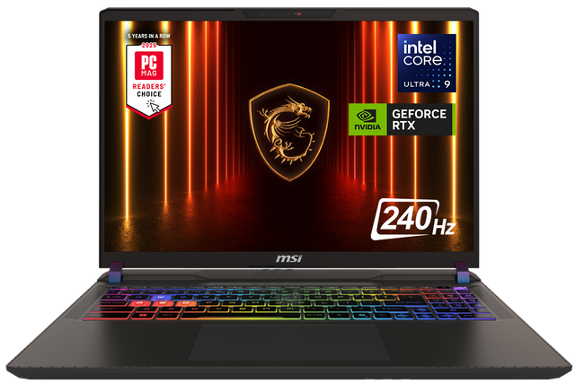 5 YEARS IN A ROW  
2025  
PC MAG READERS' CHOICE  

intel CORE ULTRA 9  

NVIDIA GEFORCE RTX  

240 Hz  

msi