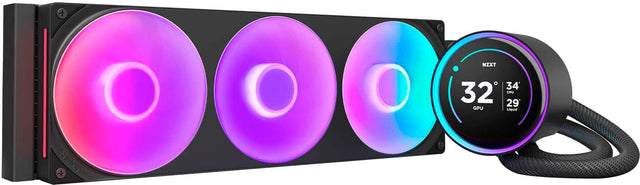 The text on the image reads: "NZXT 34 32 CPU 29 GPU Liquid cooling system."