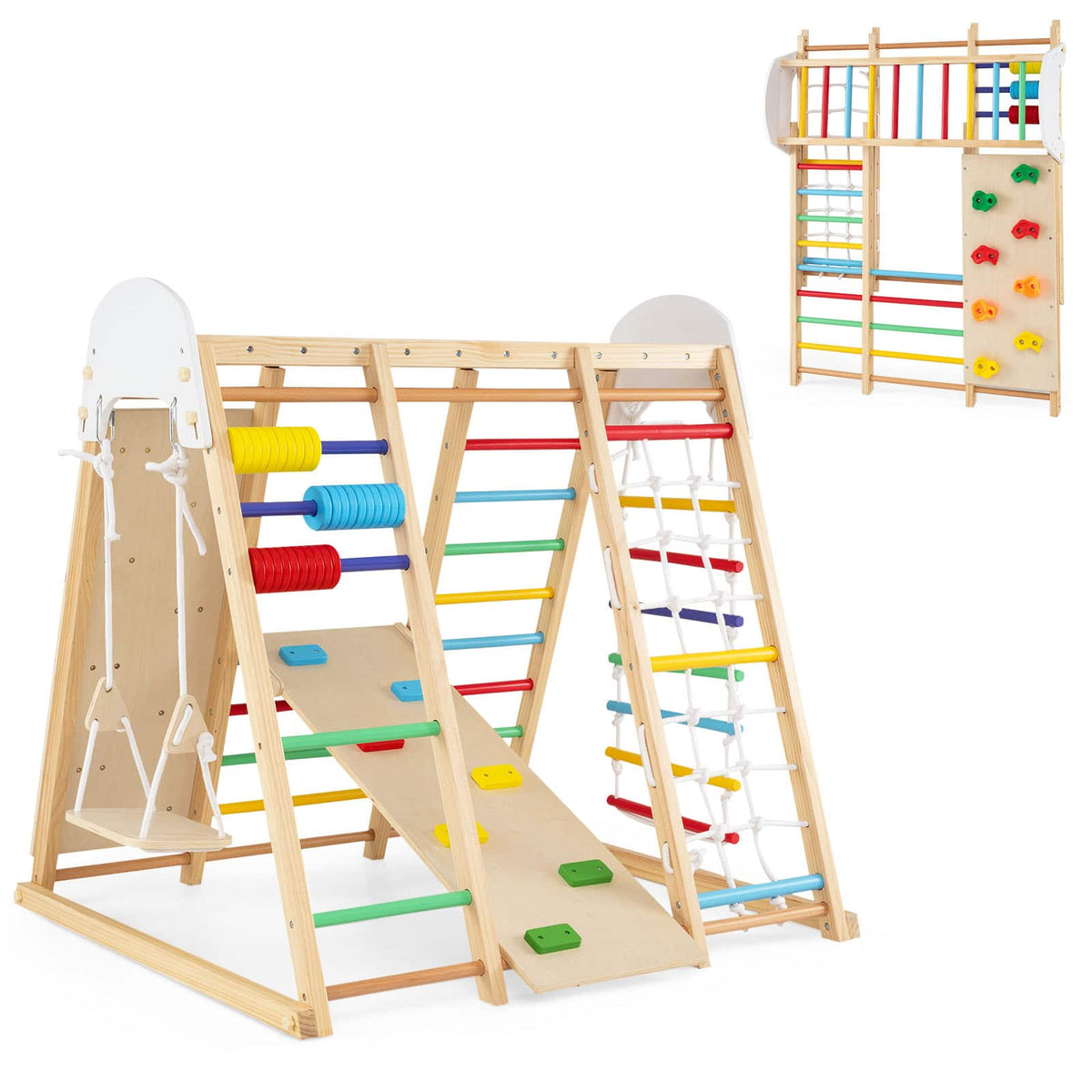Costway - Indoor Jungle Gym for Kids 8-in-1 Montessori Climber Playset with Swing Monkey Bars - Multicolor