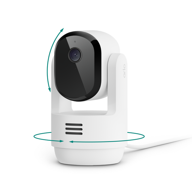Front. Arlo - Essential Pan Tilt Indoor Security Camera 2K - Wired Plug-In Powered, Privacy Mode, 1-Cam - White.