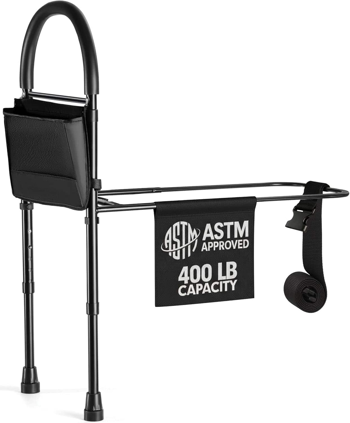Medical King - Bed Assist Rail Bar with Legs, Adjustable Heights and Storage Pocket - Black
