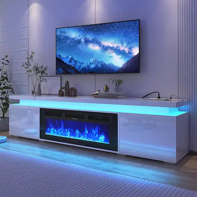 Espafurni - 90inch Modern Fireplace TV Stand with Power Outlet Storage for up to 100" TVs