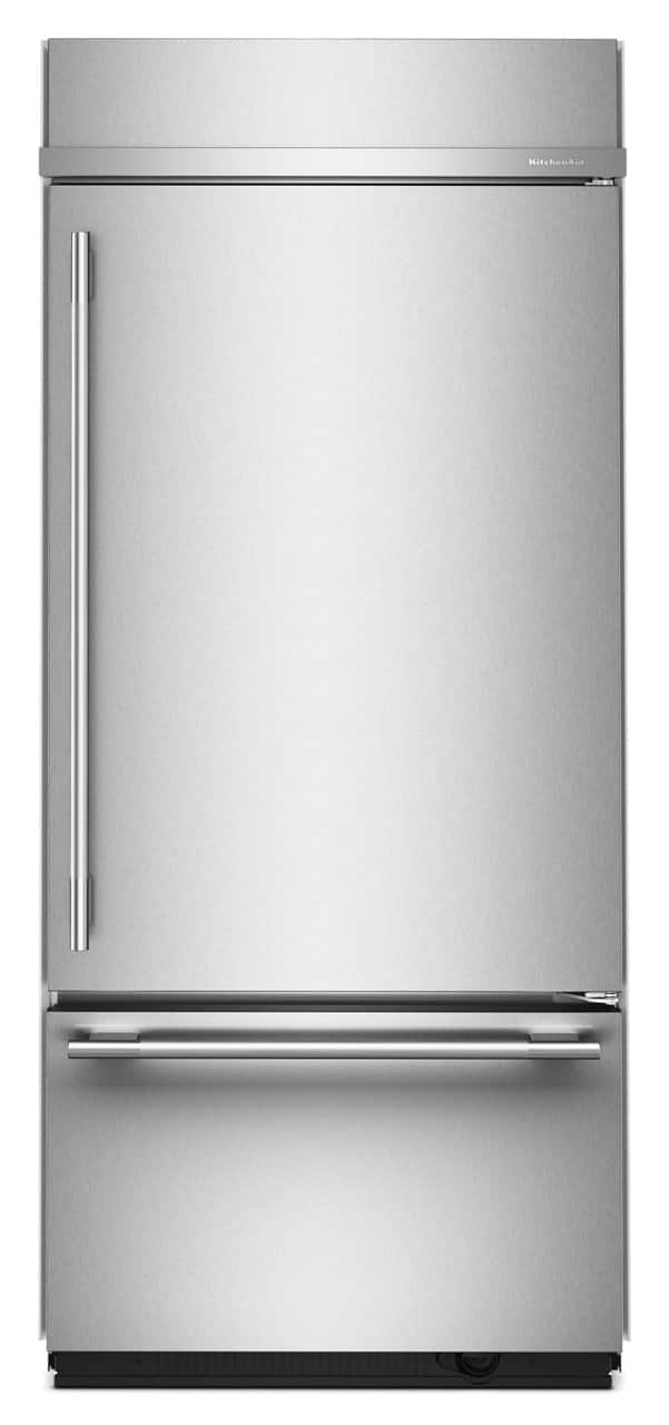 Front. KitchenAid - 36 in. Wide 20.8 cu. ft. Built-In Bottom Mount Refrigerator with Platinum Interior - Stainless Steel with PrintShield Finish.