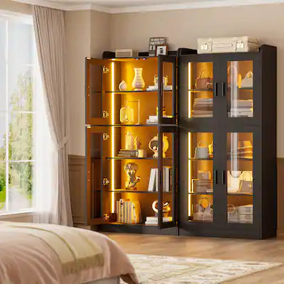 Aheaplus - 6-Shelf Bookcase with 4 Glass Doors, 67.4'' Tall Display Cabinet with RGB LED Lights for Living Room, Bedroom