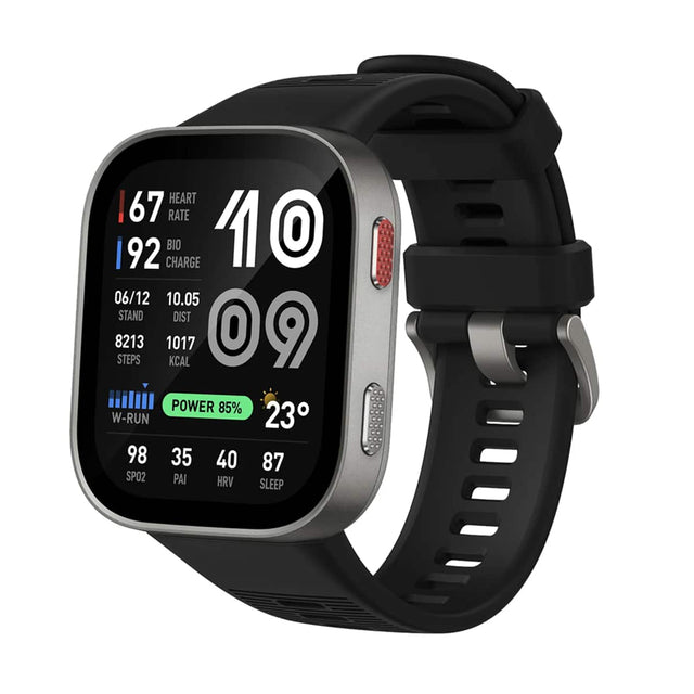 HEART RATE 67  
BIO CHARGE 92  
06/12  
STAND 8213  
DIST 10.05  
STEPS 1017  
KCAL 09  
POWER 85%  
W-RUN  
SP02 98  
PAI 35  
HRV 40  
SLEEP 87