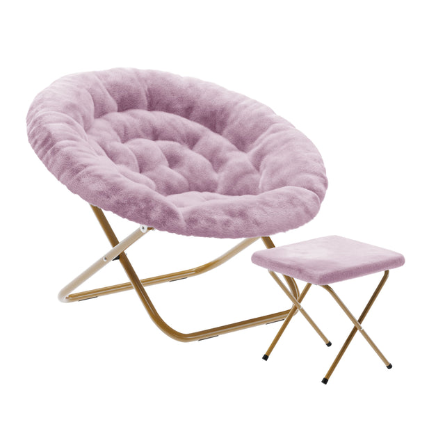 Front. Emma + Oliver - Ersa Oversize Folding Saucer Moon Chair and Ottoman for Dorm and Bedroom with Steel Frames - Dusty Purple Fabric/Soft Gold Frame.