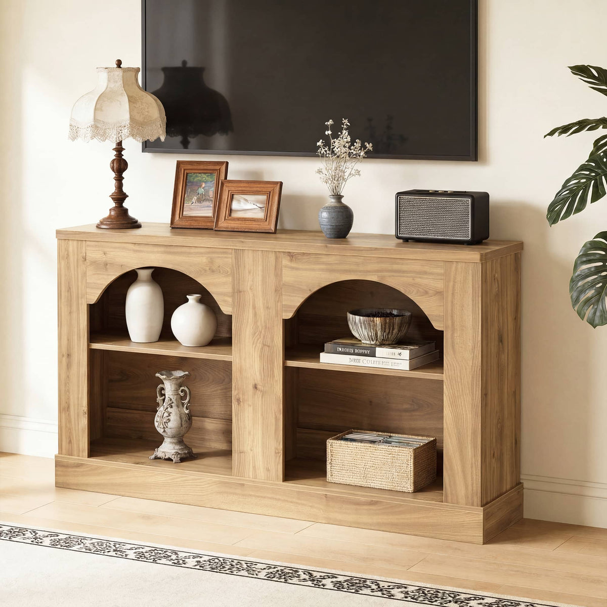 Aheaplus - 47" Arched Farmhouse LED Console Table - Adjustable Shelves, - Entryway/Hallway/Living Room Storage - Natural Oak
