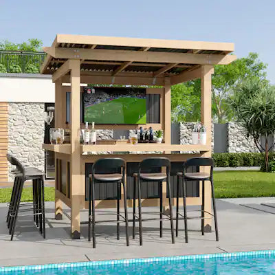Famapy - Outdoor Entertainment Bar Gazebo with Dual Bar Counters, TV Mount, Cedar Frame and Weatherproof Roof