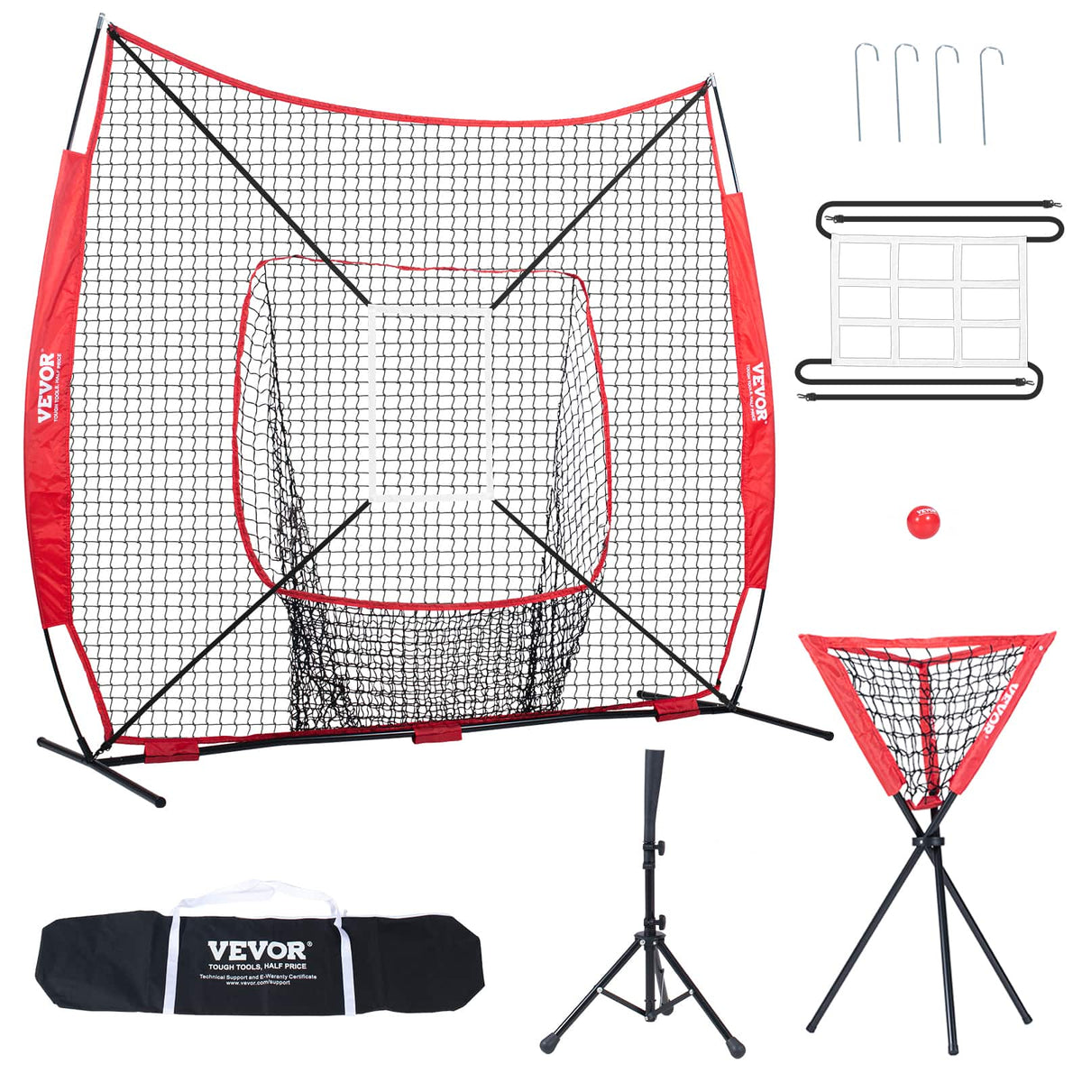 VEVOR - 7x7 ft Baseball Softball Practice Net, Portable Baseball Training Net for Hitting Catching Pitching - Red