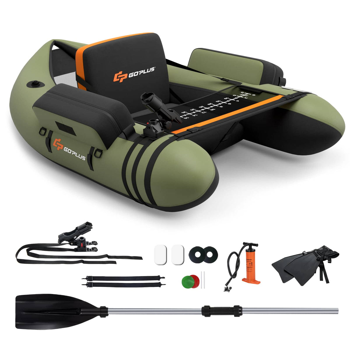 GOPLUS - Costway Inflatable Fishing Float Tube w/Pump & Storage Pockets & Fish Ruler - Green