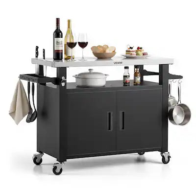 VEVOR - Outdoor Grill Cart with Storage Cabinet, 53.1 Inch Grill Table, Waterproof Kitchen Island with Stainless Steel Top