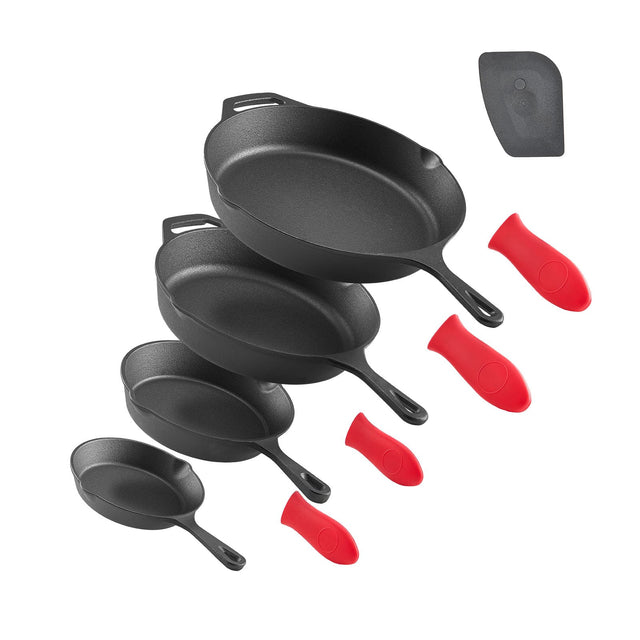 Front. VEVOR - Cast Iron Skillet Set, 4-Piece Frying Pan Collection (6, 8, 10, 12 in), Pre-Seasoned Pans with Silicone Handles - Black.