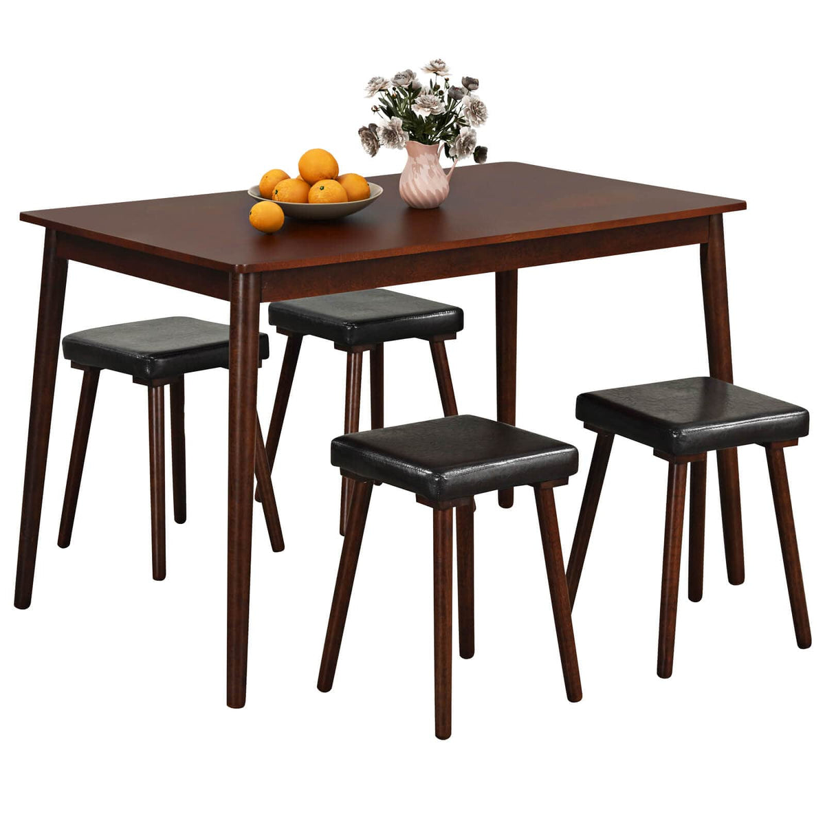 Costway - 5 PCS Dining Table Set for 4 w/4 Upholstered Stools Rubber Wood Legs for Kitchen - Brown