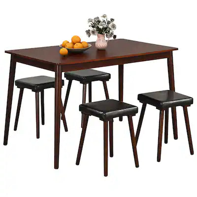 Costway - 5 PCS Dining Table Set for 4 w/4 Upholstered Stools Rubber Wood Legs for Kitchen