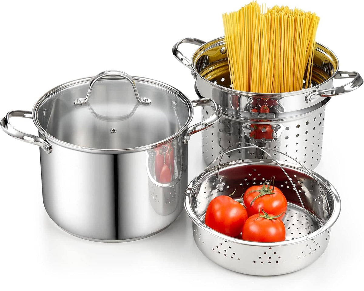 Cooks Standard - 8 Quart 4-Piece Pasta Pot Multipurpose Stock Pot with Strainer Basket & Steamer Insert, Spaghetti Cooker - Stainless Steel