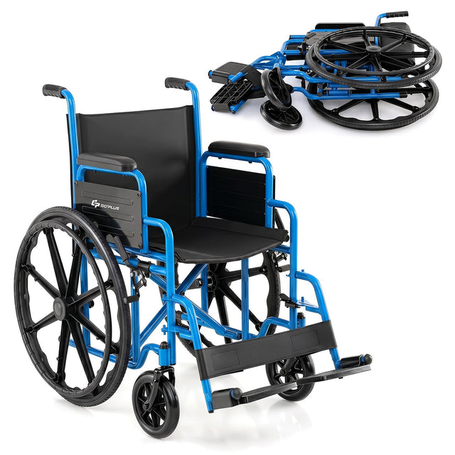 Front. GOPLUS - Goplus Lightweight Folding Wheelchair for Adults with Swing-Away Footrest & Desk Arm - Blue+Black.