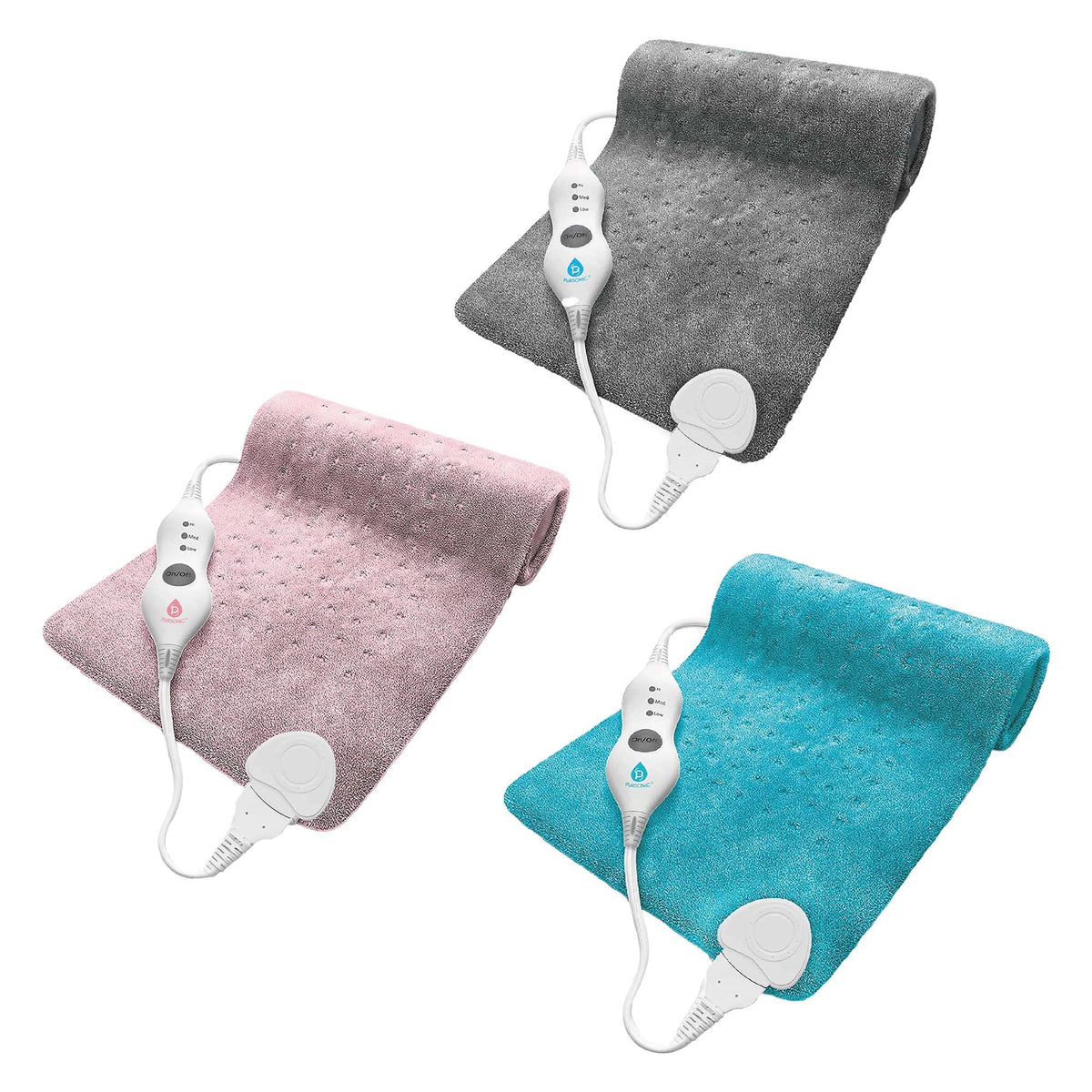 Pursonic - Comfort Trio Heating Pad Set – Teal, Pink & Gray - Multicolor