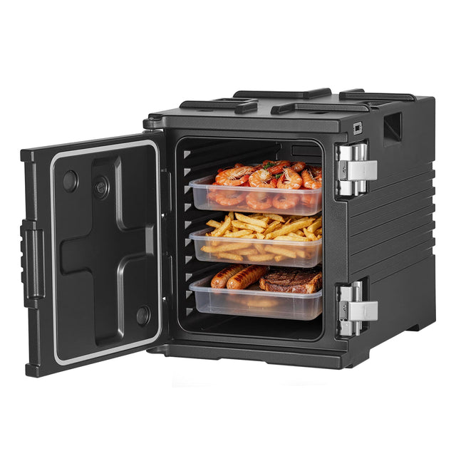 Front. VEVOR - Insulated Food Pan Carrier, 82 Qt Non-Electrical Food Warmer, with Wheel & 304 Stainless Steel Latch, LLDPE Stackable - Black.