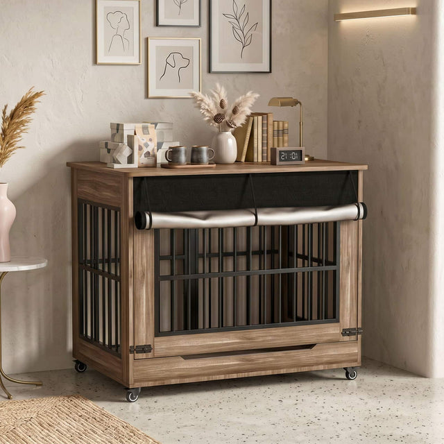 Front. Anysun - 42" Wooden Dog Crate Furniture, Double Door Indoor Kennel, Decorative Pet Cage End Table w/ Wheels, for Large Dogs.