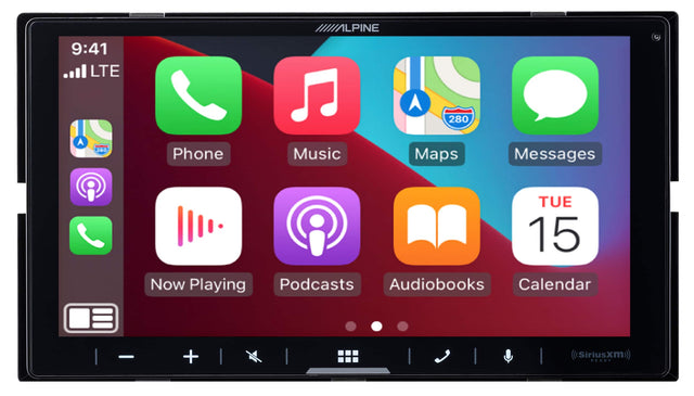 9:41 LTE 1LPINE 280 A 280 8 Phone Music Maps Messages TUE 15 Now Playing Podcasts Audiobooks Calendar + Siriusxm READY