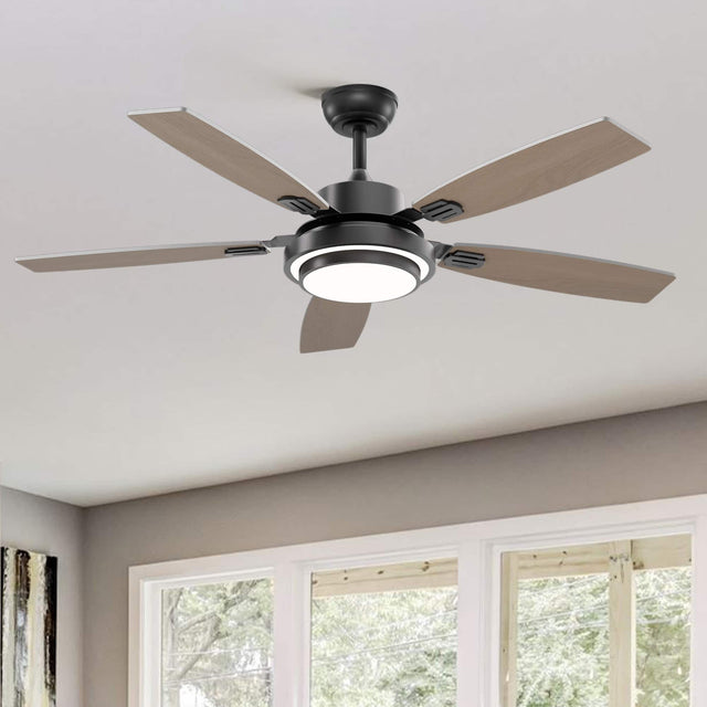 Front. Siljoy - 52 in Modern Black Ceiling Fan LED Light Remote Reversible 5 Gray and Oak Blades for Bedroom Living Room Patio - Black.