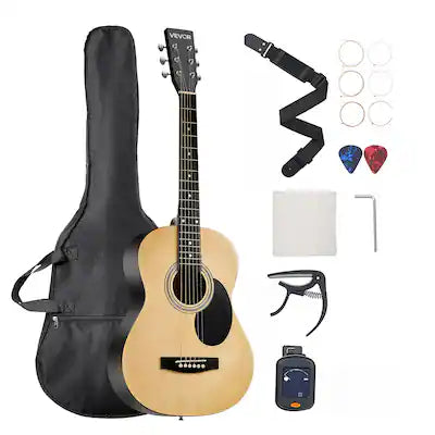 VEVOR - Dreadnought Acoustic Guitar, 36 in, 6-String Natural Solid Top Guitar, Portable Bundle with Gig Bag, Tuner, Strap