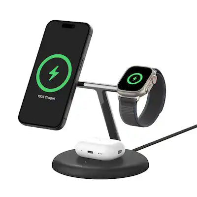 Belkin - 3-in-1 Stand 15W Qi2 Wireless Charger, Fast Charging for iPhone 17, AirPods, Apple Watch, & More (36W Included)