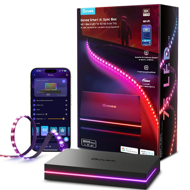 Govee Smart AI Sync Box  
with Backlight for 55-65 Inch TVs  
Enhanced Viewing Experience  

8K  
Wi-Fi  

Supports HDMI Ethernet Channel  
AI Syncing Lighting Effects  
RGBIC  
LED Lighting  

30000 Holes  
ED LED  

Google Assistant  
Works with Alexa  

Govee Smart AI Sync Box  
Movie Watching Dreamview  
Effects Lab  
Timer  
Snapshot List  
Brightness 100%  
Mode  
Color  
Scene  
AI Syncing  
All  

Govee