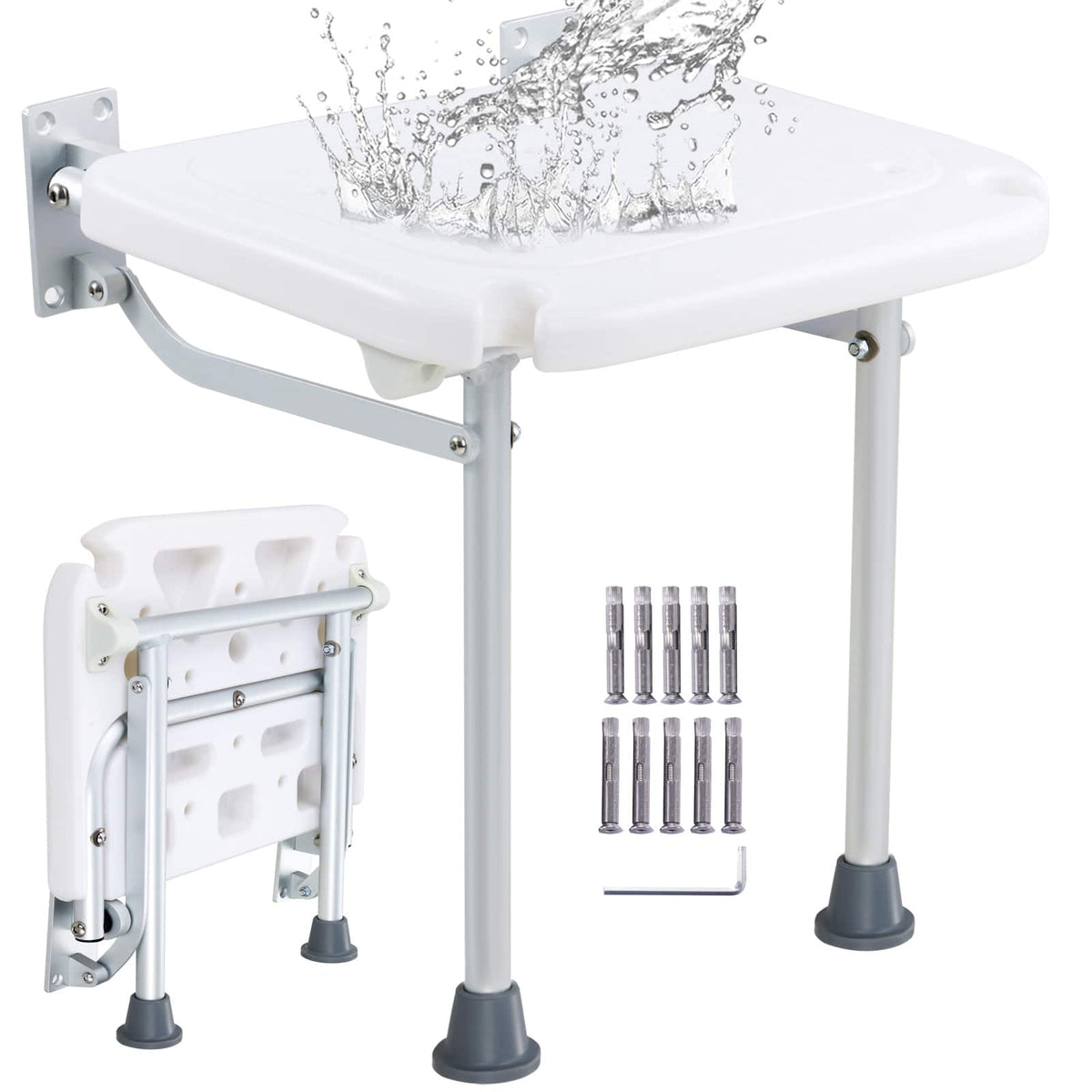 VEVOR - Folding PE Shower Seat, 15.7'' x 14.8'' Unfolded, Wall Mounted Fold Up Shower Bench with 500 lbs Load Capacity - White