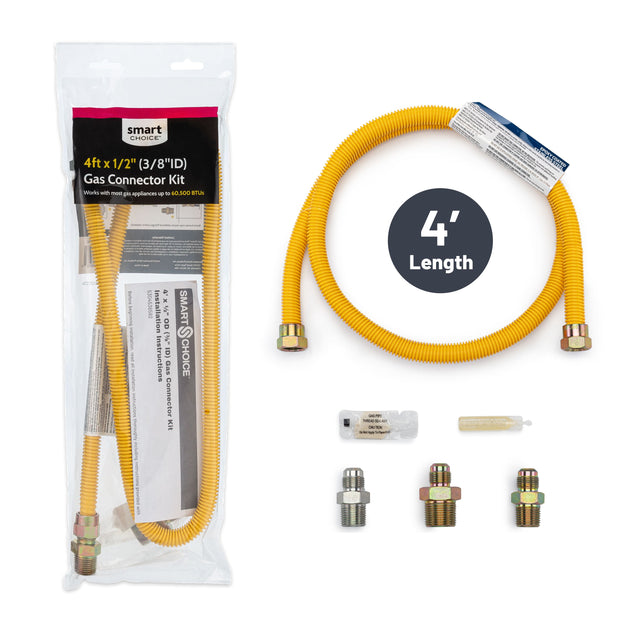 smart CHOICE 4ft x 1/2" (3/8"ID) Gas Connector Kit Works with most gas appliances up to 60,500 BTUs

- hourse
- yours
- UMAN adwa.com
- COMICS CHOMORNO company acidad

Before Installation: 
- 20
- 5304536592

Installation Instructions: 
- 1/2" OD
- 3/4" rean

MINSTANG with 4' Length GAUPIPE INHEAD 50 x CAUTION - = PARKET
EPOKY COATED LIOICS