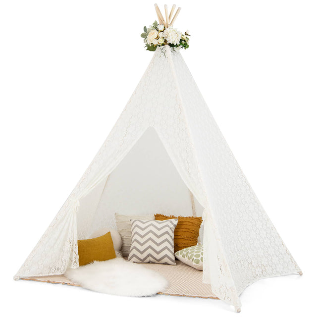 Front. Costway - Costway 85" Height 5 Sides Huge Lace Play Tent for Kids Adult Wedding w/ Light Strings - White.