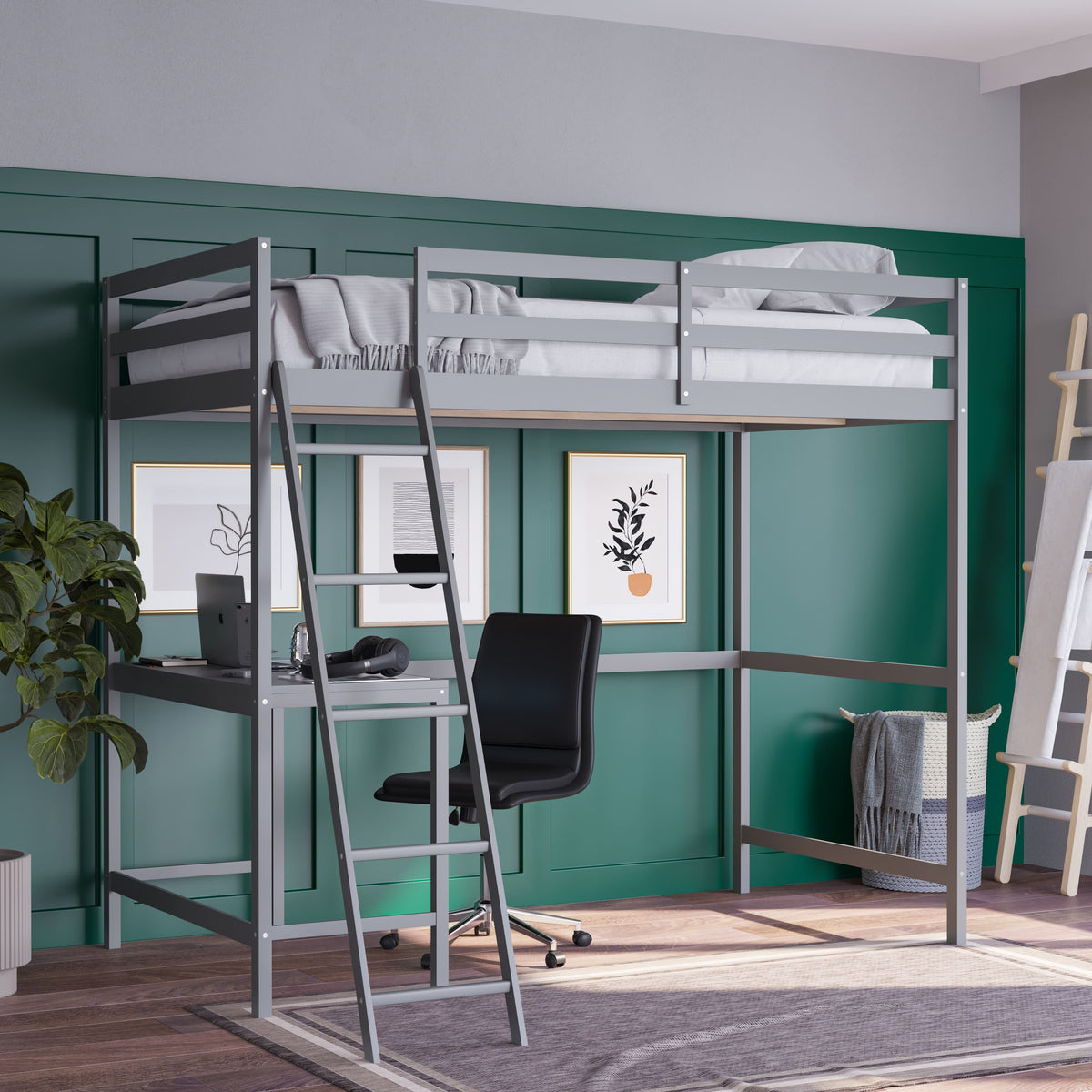 Emma + Oliver - Wooden Loft Bed Frame with Integrated Desk and Ladder - Light Gray