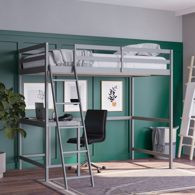 Front. Emma + Oliver - Wooden Loft Bed Frame with Integrated Desk and Ladder - Light Gray.